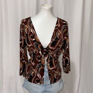 Retro Swirl Print Brown V-Neck Top with Ring Detail